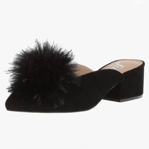 The Fix Block Heel Feather Pom Mule / Black Suede / 7